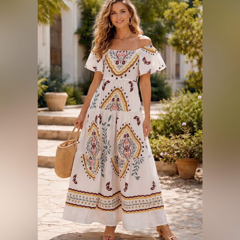Meadow Rhodes Bohemian Puff Sleeve White/Multicolor Print Maxi Dress NWT Size M